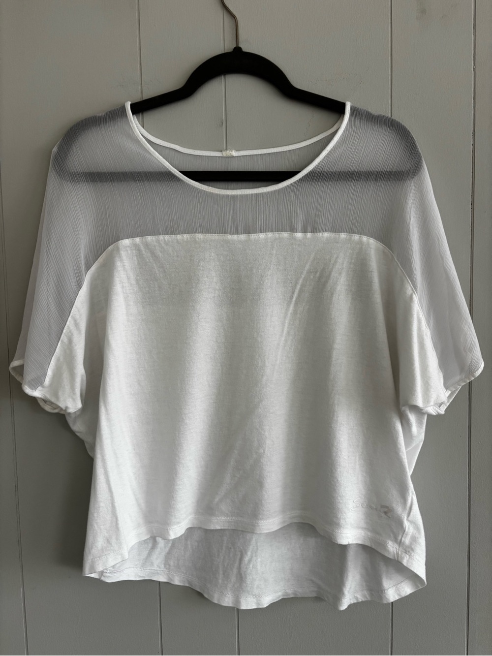 White Short Sleeve Mixed-Media Top with Sheer Yoke, Size Small